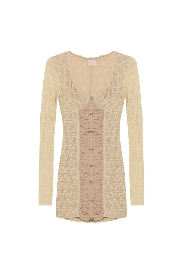 Vestido Curto Manga Longa Renda