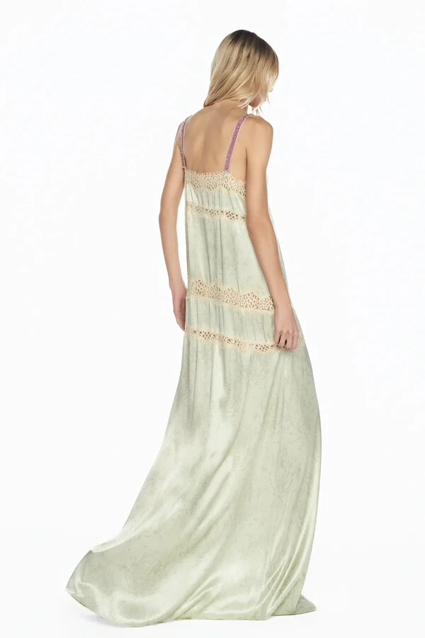 Vestido Longo Cetim Laço Verde Renda Bege