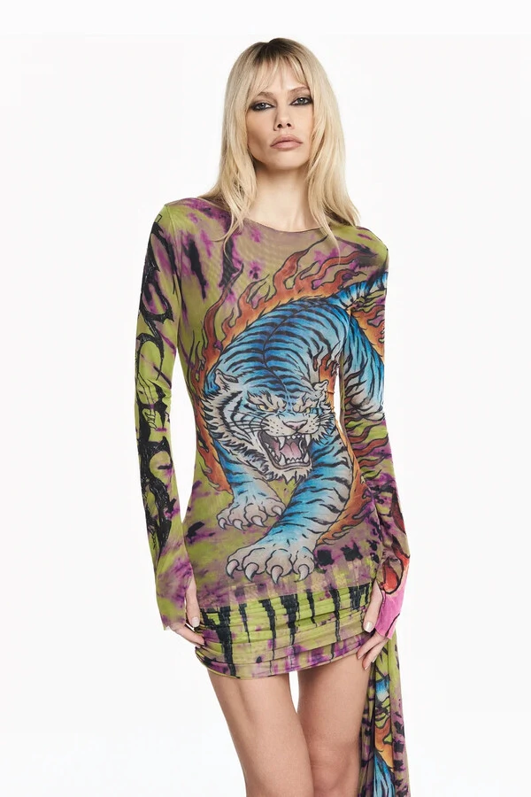 Blusa Manga Longa Quadrada Tule Tattoo Tigre