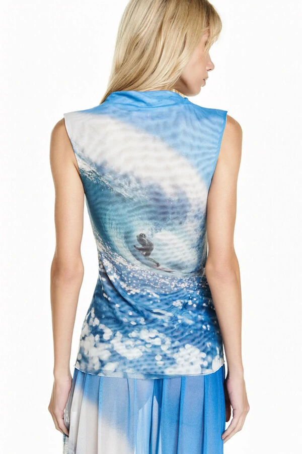 Blusa Sem Manga Tule Surf Azul Estampado P