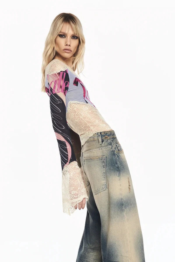 Blusa Manga Longa Tule E Renda Ballet Laço