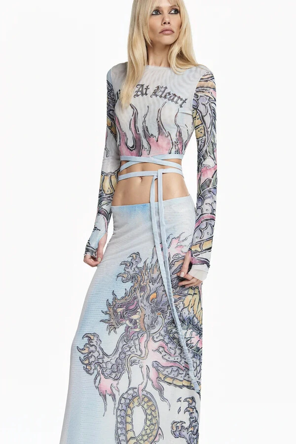 Saia Longa Tule Tattoo Dragão