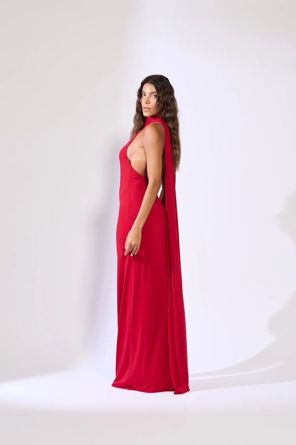 Vestido longo gola alta faixa Botik