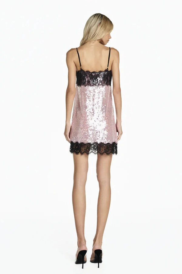 Vestido Curto Paetê Rosa Renda Preta Angel