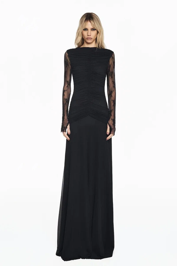 Vestido Longo Manga Longa Renda Corpo Drapeado Tule