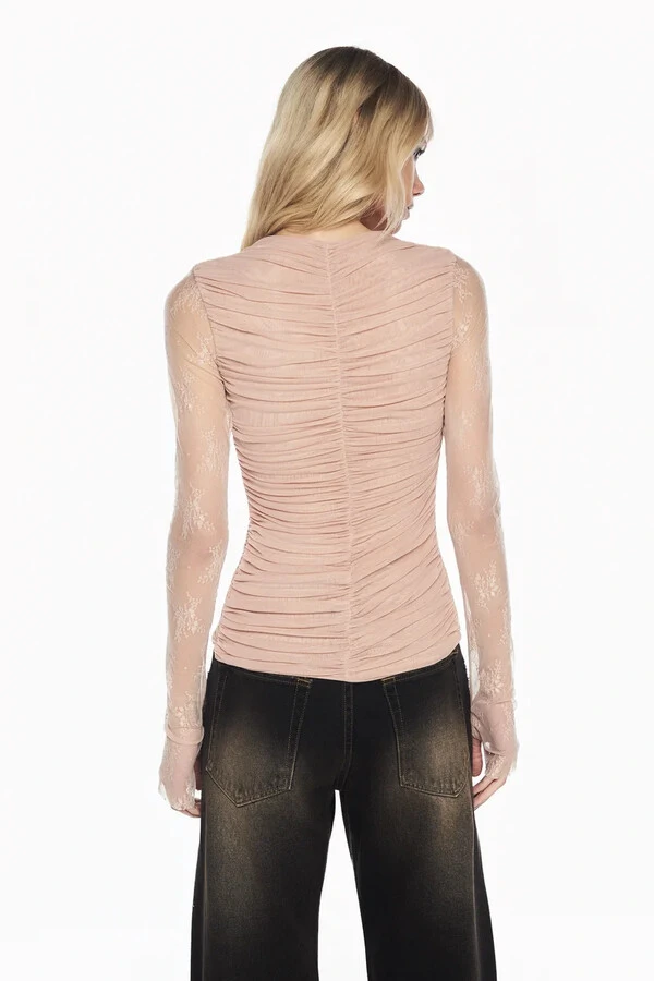 Blusa Manga Longa Renda Corpo Drapeado Tule