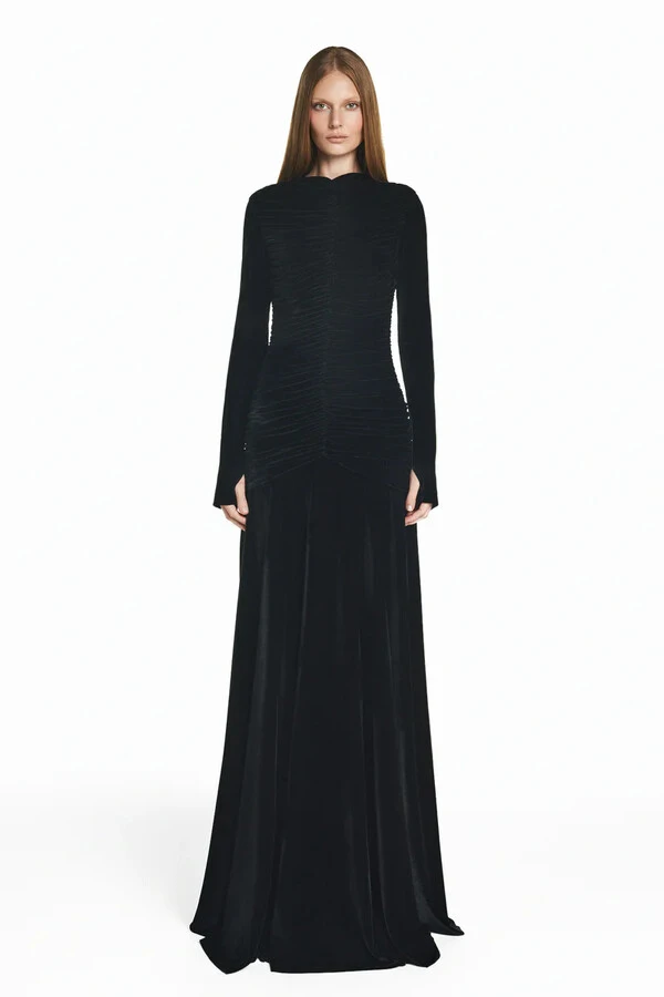 Vestido Longo Corpo Drapeado Manga Longa Veludo