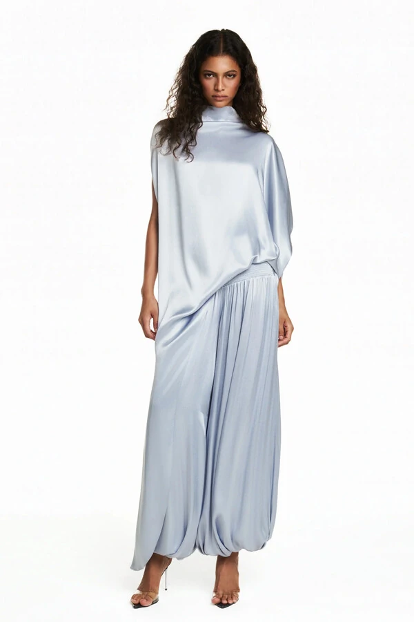 Blusa Kaftan Assimétrica Cetim Azul Claro P