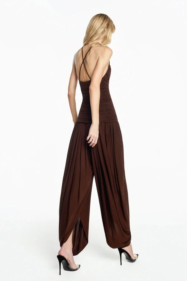 Calça pala drapeada perna ampla