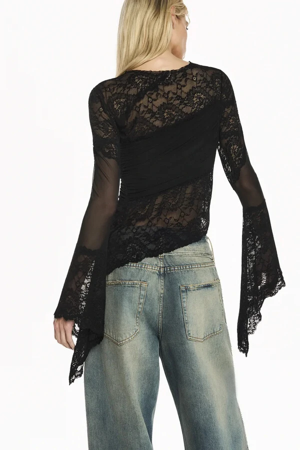 Blusa Manga Longa Tule E Renda Tig