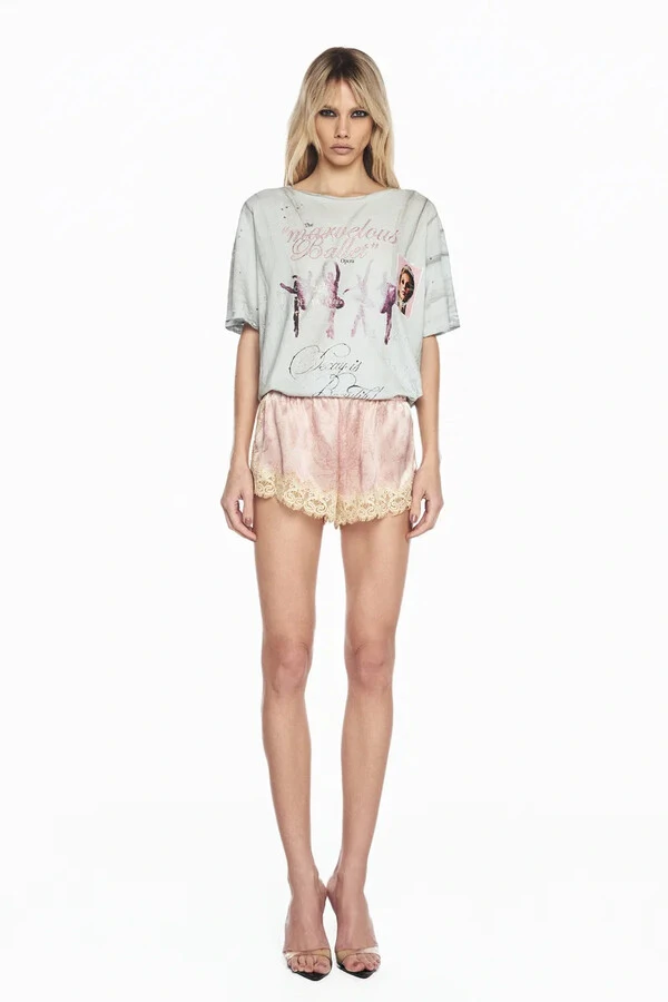Shorts Elástico Cós Cetim Laço Rosa Renda Bege