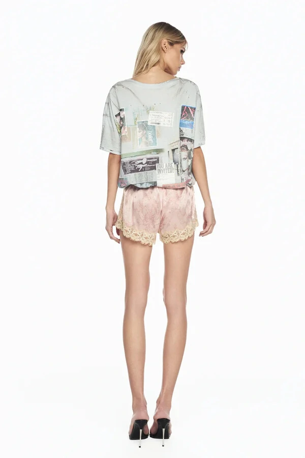 Shorts Elástico Cós Cetim Laço Rosa Renda Bege