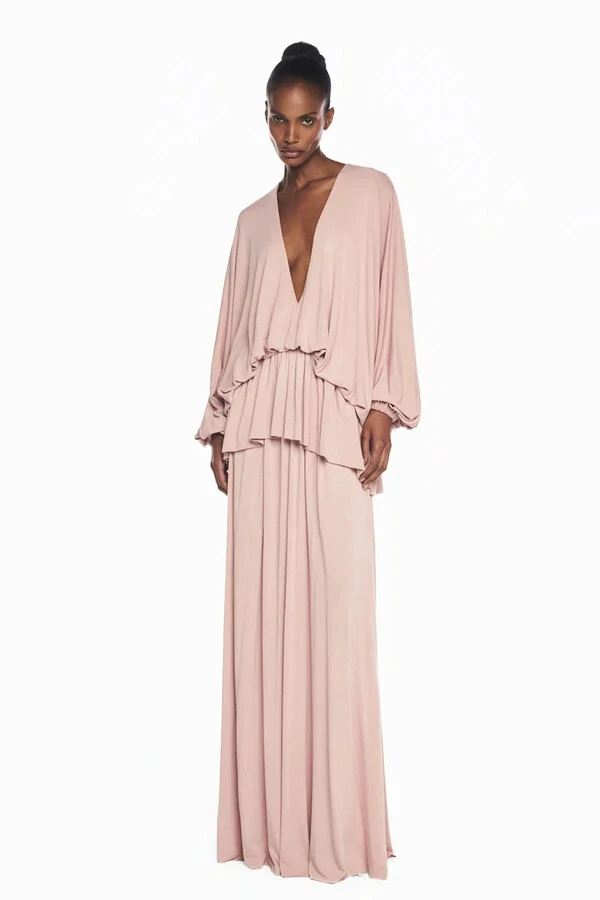 Vestido Longo Amplo Manga Longa Decote V Babado Balonê Malha
