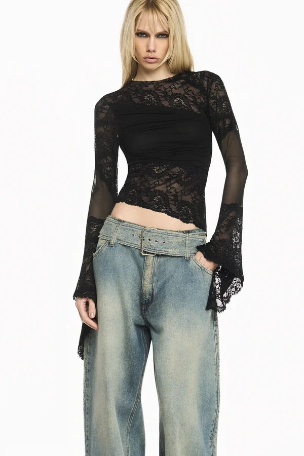Blusa Manga Longa Tule E Renda Tig