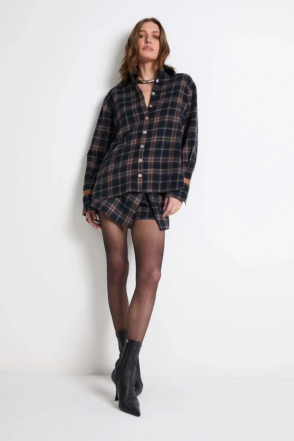 Camisa Xadrez Wool Detalhe Couro Xadrez