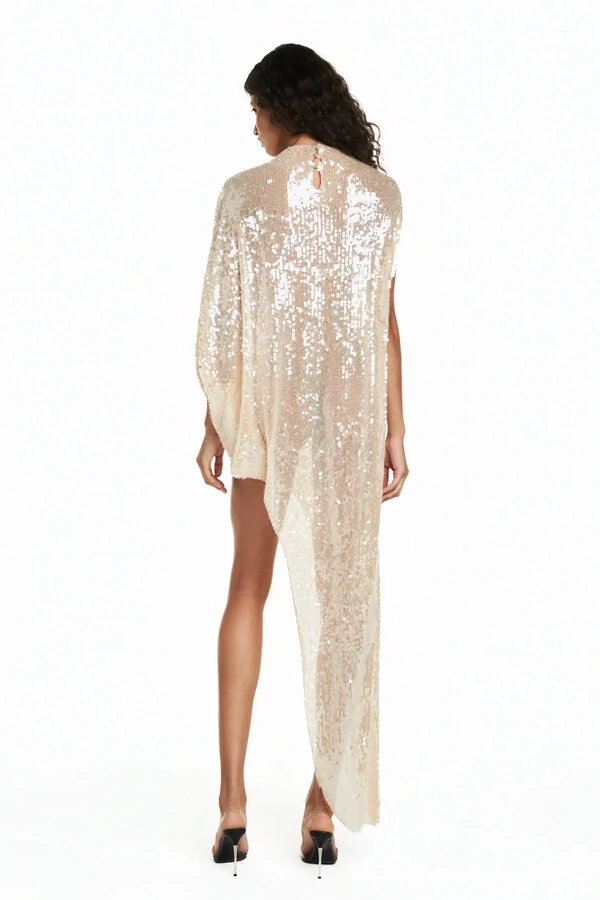 Blusa Kaftan Assimétrica Paetê Bege P