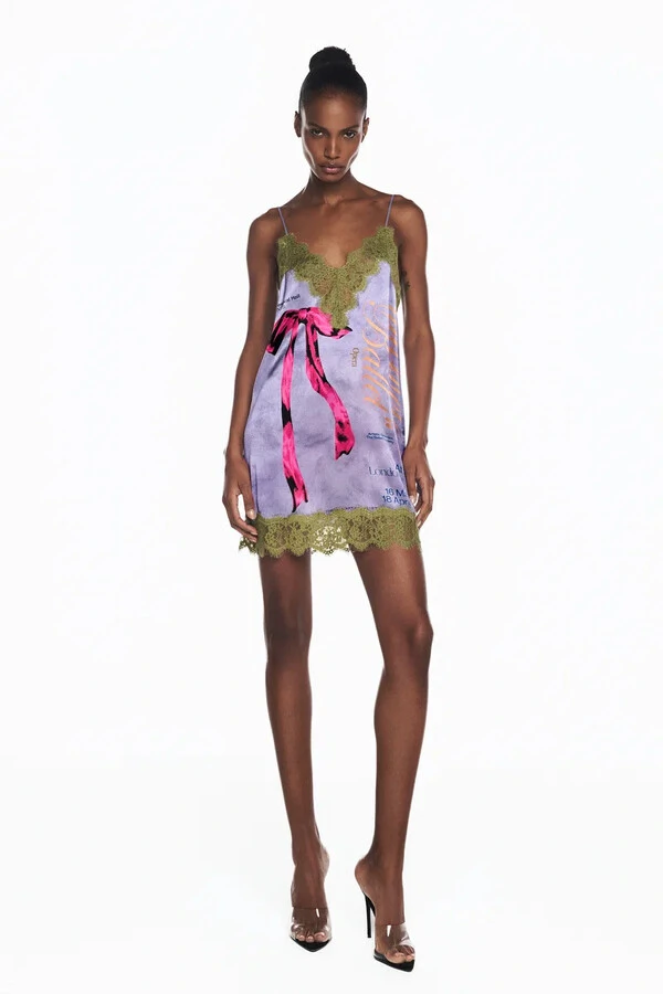 Vestido Curto Cetim Ballet Laço Estampado