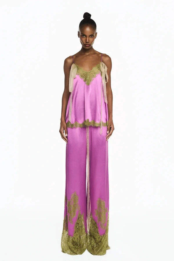 Regata Cetim Fucsia Renda Verde
