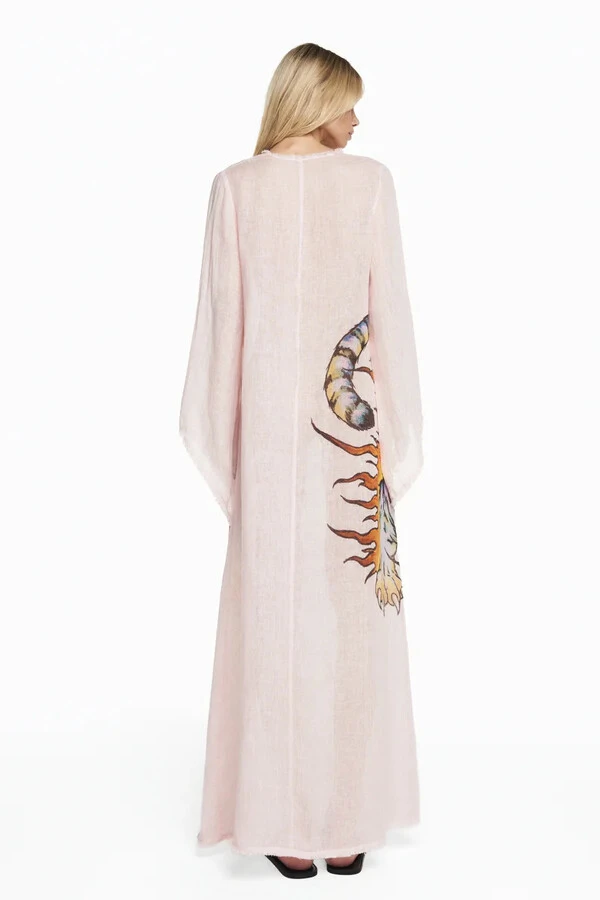Vestido Túnica Organza De Linho Rosa Claro Tattoo Tigre Estampado