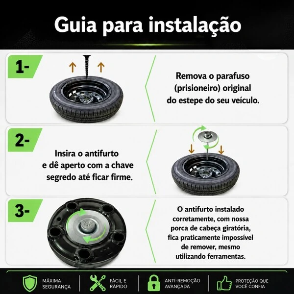 Kit Trava Parafuso Antifurto De Estepe com Cabeça Giratória