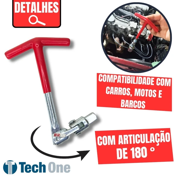 Chave de Vela em T Articulada 2 Encaixes 16mm e 21mm Tech One Universal