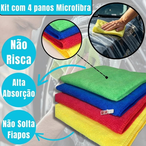 Kit 4 Panos De Limpeza Automotiva Microfibra 35x35cm Para Carro e Moto