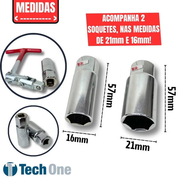 Chave de Vela em T Articulada 2 Encaixes 16mm e 21mm Tech One Universal