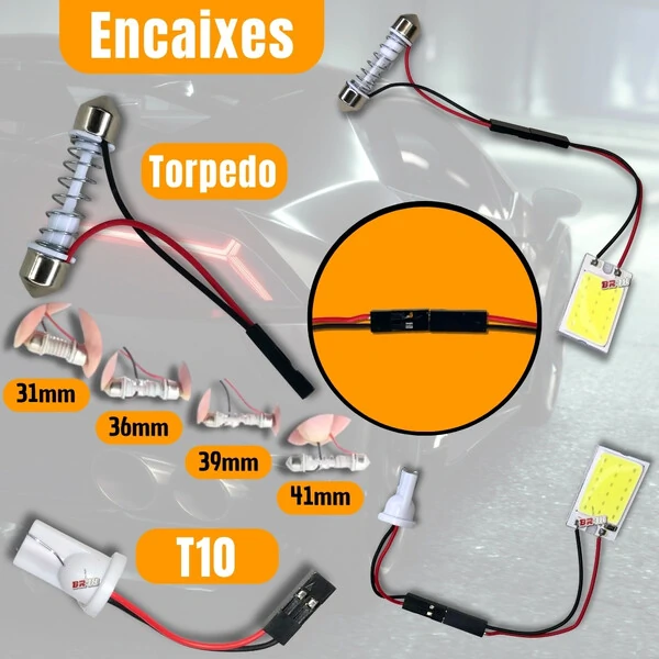 Placa de LED COBE Lâmpada Torpedo Pingo T10 12V Branco Aplicação na Placa Teto Porta Malas
