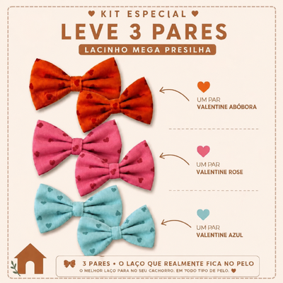Foto Kit com 6 Lacinhos Mega Presilha – Corações - 03 pares - para Cachorro