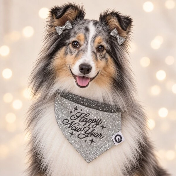 Lacinho de Brilho – Happy New Year | Glitter Prata - Unidade - para Cachorro