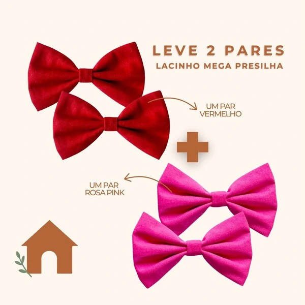Kit com 4 Lacinhos Mega Presilha – Vermelho e Rosa Pink - 02 pares - para Cachorro