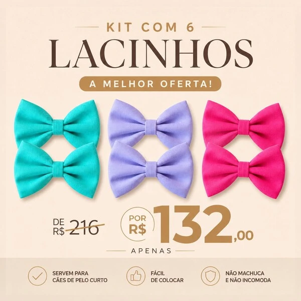 Kit com 6 Lacinhos Mega Presilha – Lavanda, Tiffany e Rosa - 03 pares - para Cachorro