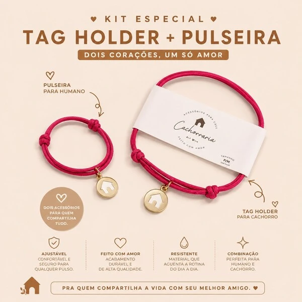 Kit dois Corações, um só amor - Tag Holder + Pulseira