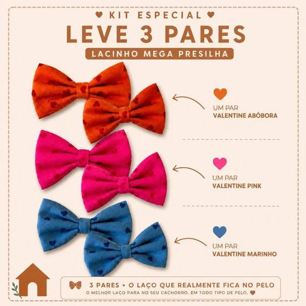 Kit com 6 Lacinhos Mega Presilha – Corações - 03 pares - para Cachorro