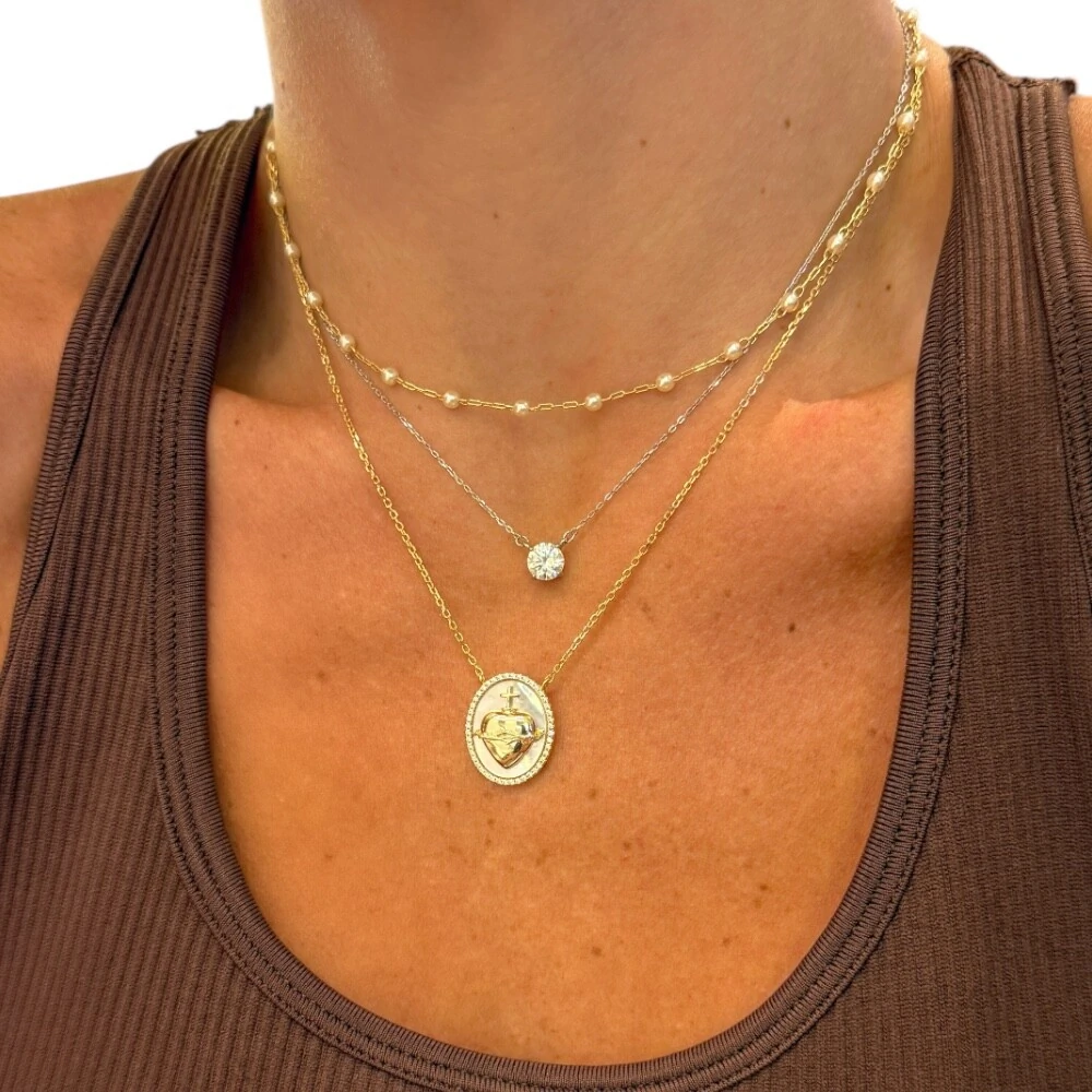 FotoColar joia medalha madre pérola sagrado coração de jesus prata925 ouro18k