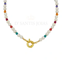 Colar Perolas com Bolas Coloridas fecho boia Ouro