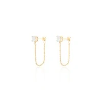Brinco joia solitário cushion com fio bolinhas prata925 ouro18k
