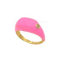 Anel Dedinho Esmaltado Rosa com Ponto de Luz Ouro18k