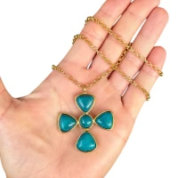 Colar boho elos portugueses delicados com cruz turquesa ouro18k
