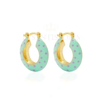 Argola Joaninha Esmaltada Azul Bolinhas Lilas Ouro18k