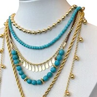 Colar gargantilha boho fio de couro marrom com bolinhas turquesas ouro18k