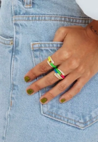Anel Duplo Cravejado e Esmaltado Azul Ouro18k