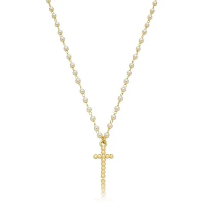 Foto Colar e choker pérolas com cruz bolinhas ouro18k