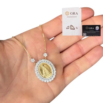 Foto colar joia moissanite 0.03ct(2mm) medalha nossa senhora aparecida prata925 ouro18k