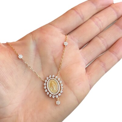 Foto Colar joia medalha nossa senhora das graças com florzinhas prata925 ouro18k