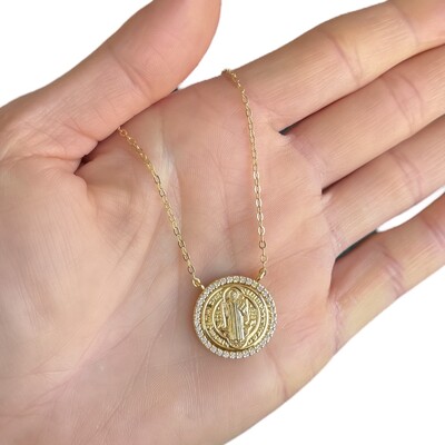 Foto Colar joia medalha de são bento com volta cravejada ouro18k