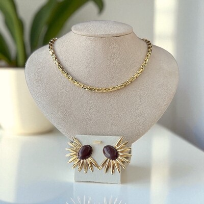 FotoBrinco leque raios com oval marrom ouro18k