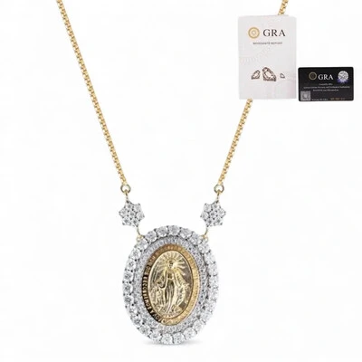 Foto Colar joia medalha nossa senhora das graças moissanite com florzinhas 0.036ct prata925 ouro18k