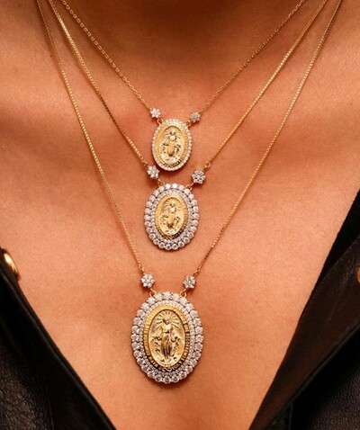 Foto Colar joia medalha nossa senhora das graças moissanite com florzinhas prata925 ( escolha o tamanho)