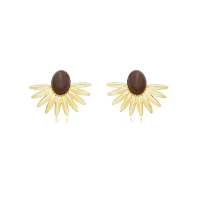 Foto Brinco leque raios com oval marrom ouro18k